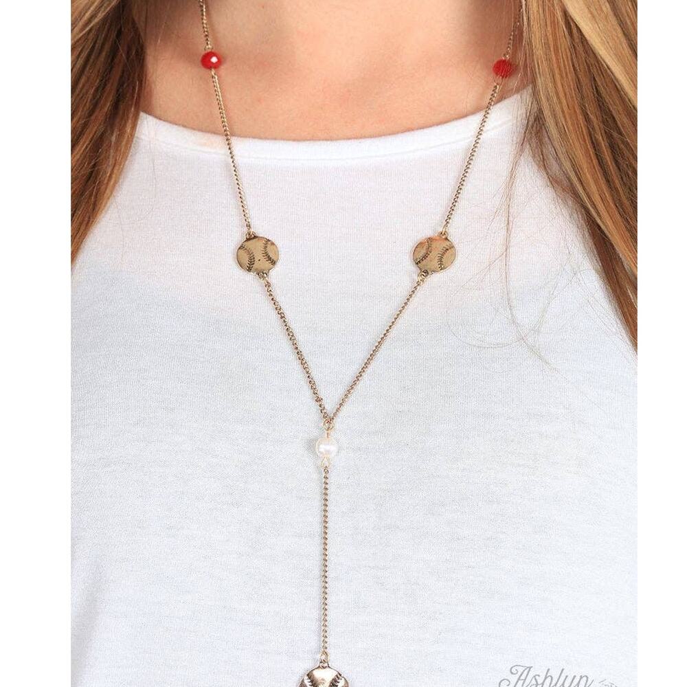 Gold Chain Baseball Charm Y Necklace with Red and Pearl Beads